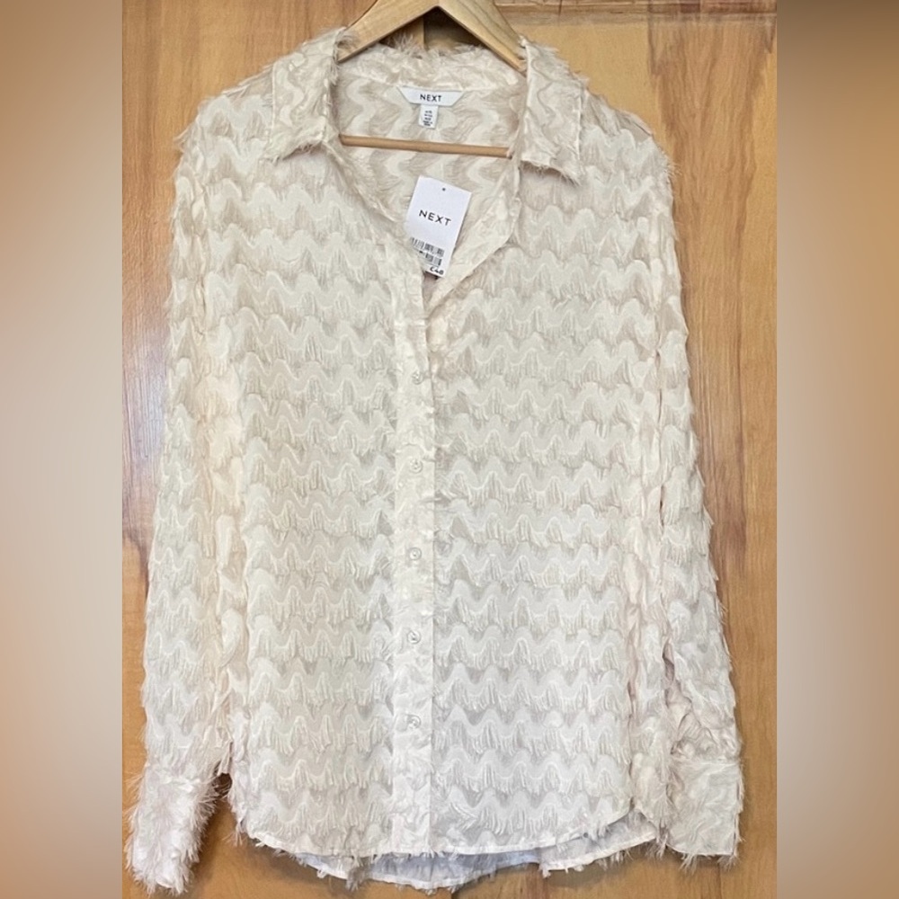 NWT Next Clothing UK Cream Textured Button-Down Blouse With Fringe Details
SZ 12